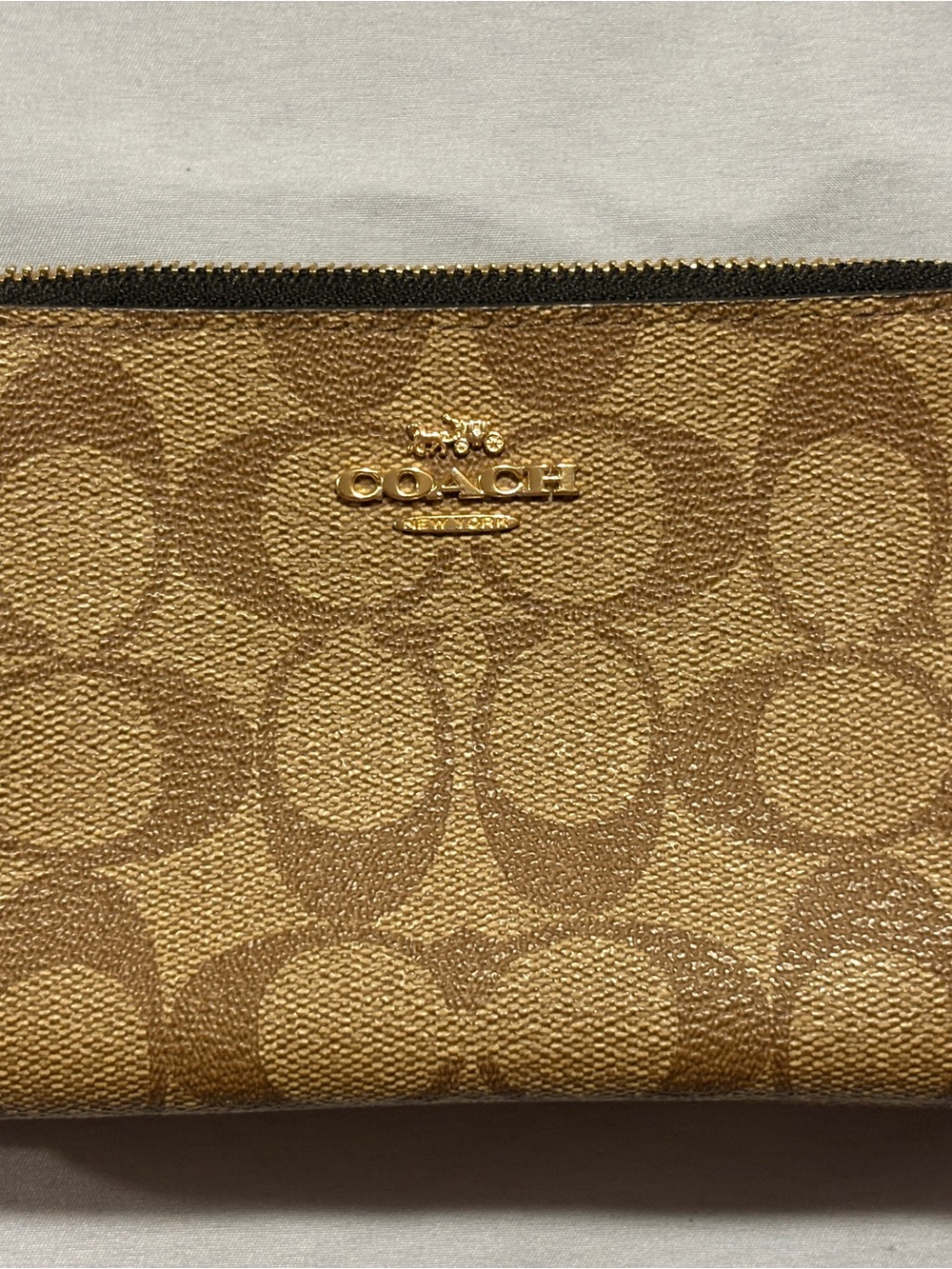 Coach Metallic Signature Zip Wristlet in Gold and Tan